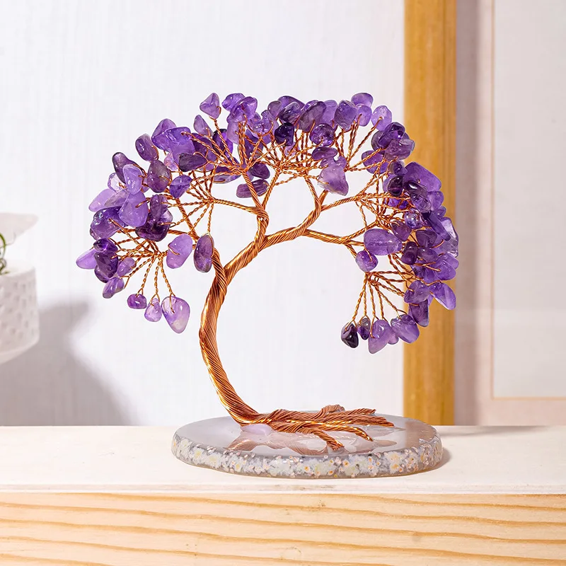 1PC Natural Crystal Lucky Tree Copper Wire Winding Amethyst Gravel With Agate Slice Base Home Decoration Money Trees Souvenir