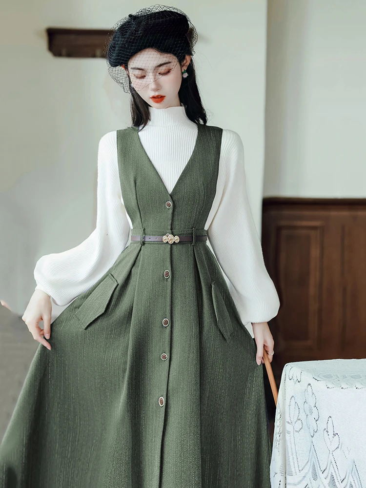 Fashion Office Lady Two Piece Dress Set Women Autumn Winter White Sweater and Long Woolen Dress Outfits