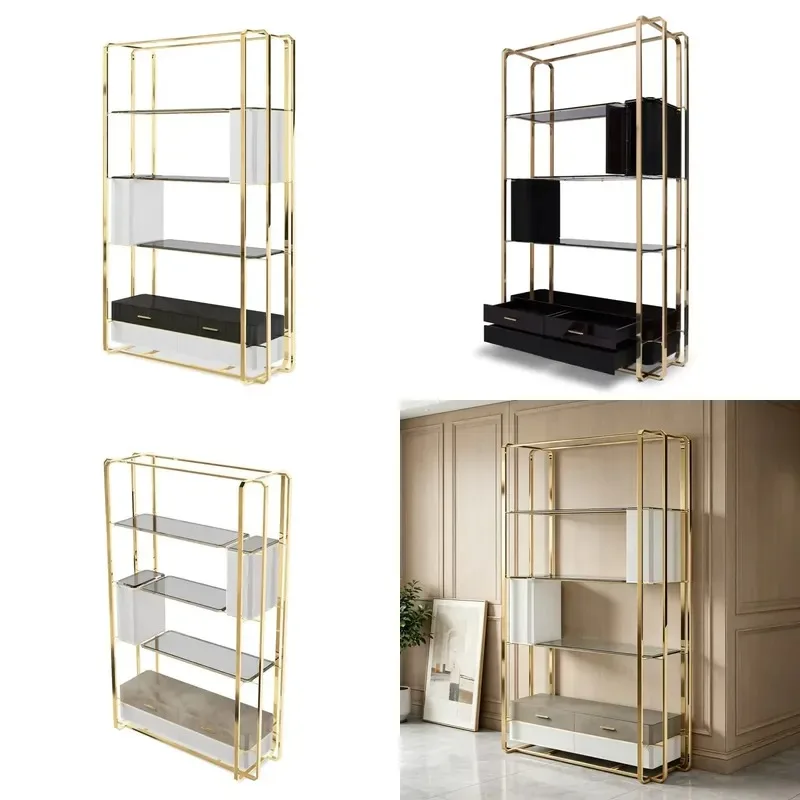 Luxury Gold  Bookshelf Modern Designer Stainless Steel Bookshelf Multi-layer Display Shelf for Villa Mansion
