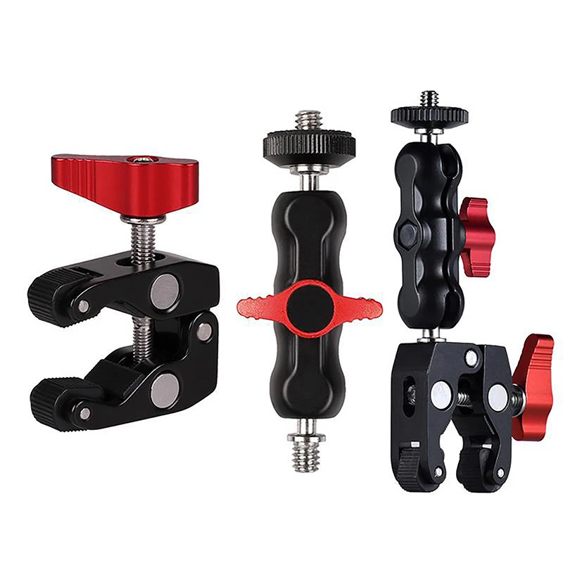 Morsetto in lega di alluminio con doppia testa a sfera, morsetto Magic Arm con foro da 1/4'' e 3/8'' per supporto telefono, videocamera, monitor, luce