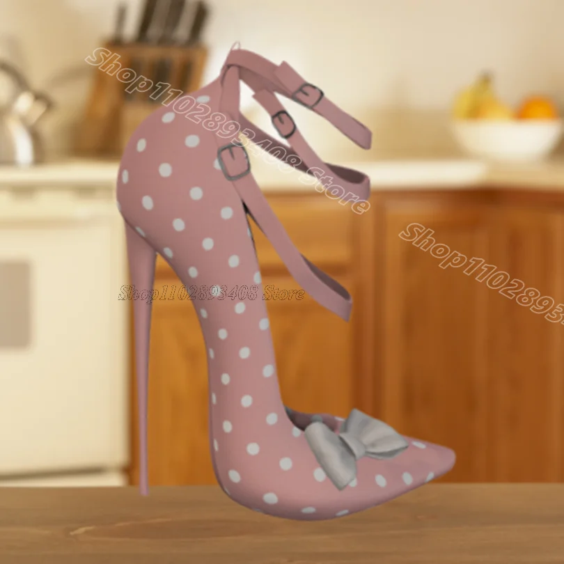 Pink Polka Dot Bowknot Pumps Round Toe Stiletto British Style Women Casual Dress Elegant Spring Sexy Pumps Zapatos Para Mujere