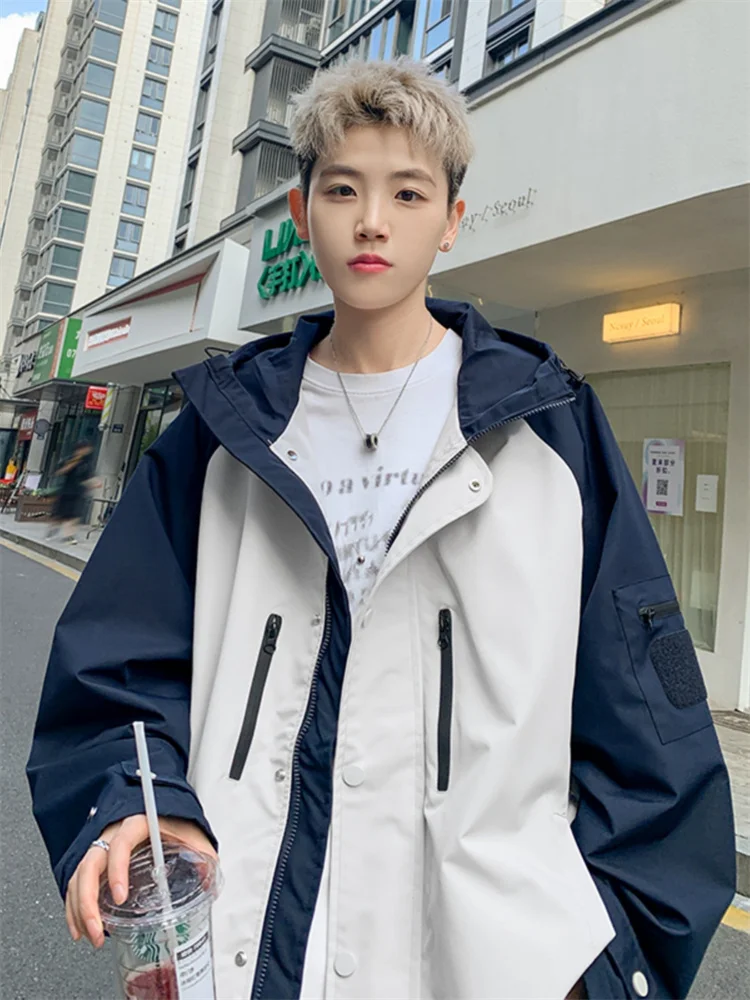 

American Sle Men's Workwear Jaet Spring Autumn New Design Patchwork Color Blo Hooded Jaet Trendy Outdoor Windbreaker