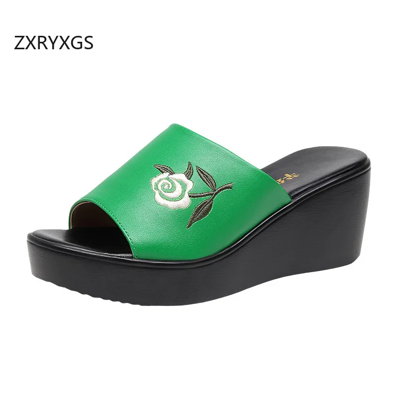 ZXRYXGS 2024 Real Leather Embroidered Slippers Wedges Thick Sole High Heel Sandal Small Szie Plus Size Women Outer Wear Slippers