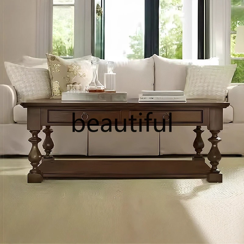 rectangular coffee table mahogany core solid wood double pumping living room tea table retro high-end coffee table