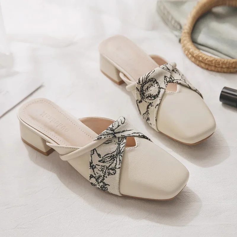 

Women Half Slippers Breathable Flat Non-slip Outdoor Simple Fashion Casual Summer 2025 Fairy Lazy Middle Heel Sandals Leather