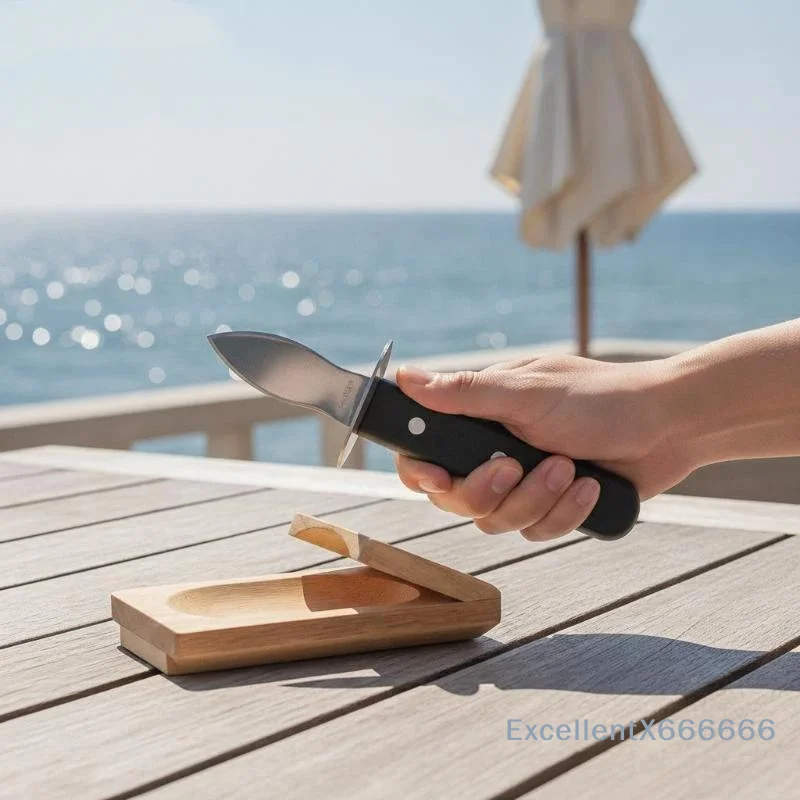 Stainless Steel Oyster Shucking Knife Non Slip Handle Wooden Holding Base