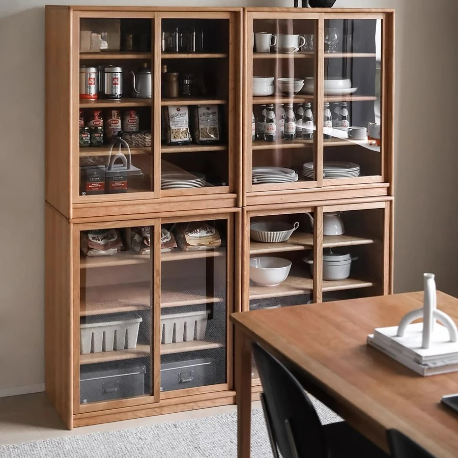 

Nordic Japanese-style solid wood living room glass display household dining side cabinet
