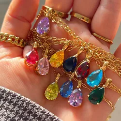 12 Color Crystal Water Drop Initial Pendant Necklace Stainless Steel Gold Chain 12 Month Birth Stone Necklace for Women Birthday