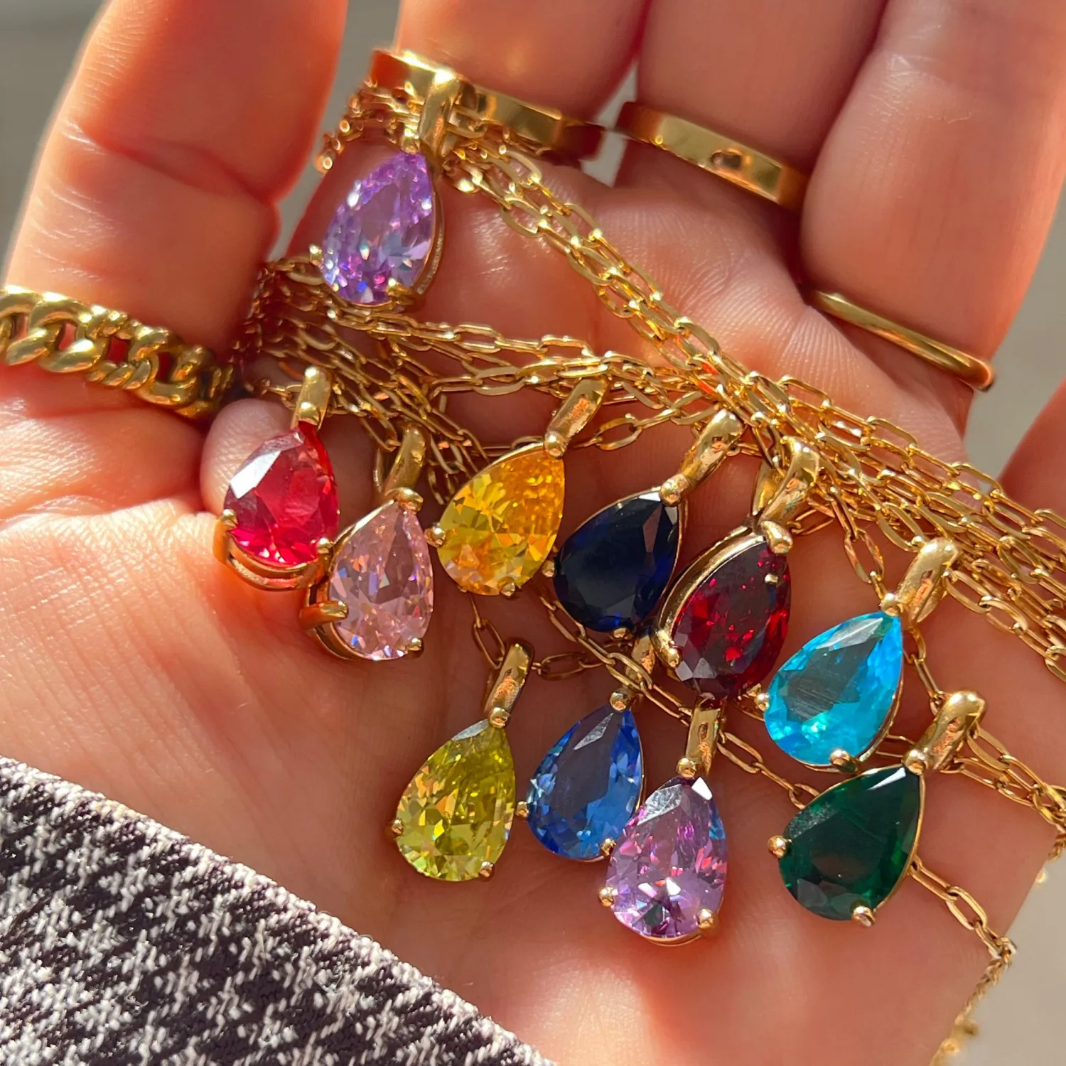 12 Color Crystal Water Drop Initial Pendant Necklace Stainless Steel Gold Chain 12 Month Birth Stone Necklace for Women Birthday