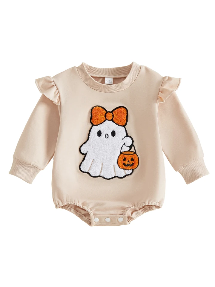 Baby Girl Ghost Embroidery Halloween Sweatshirt Romper