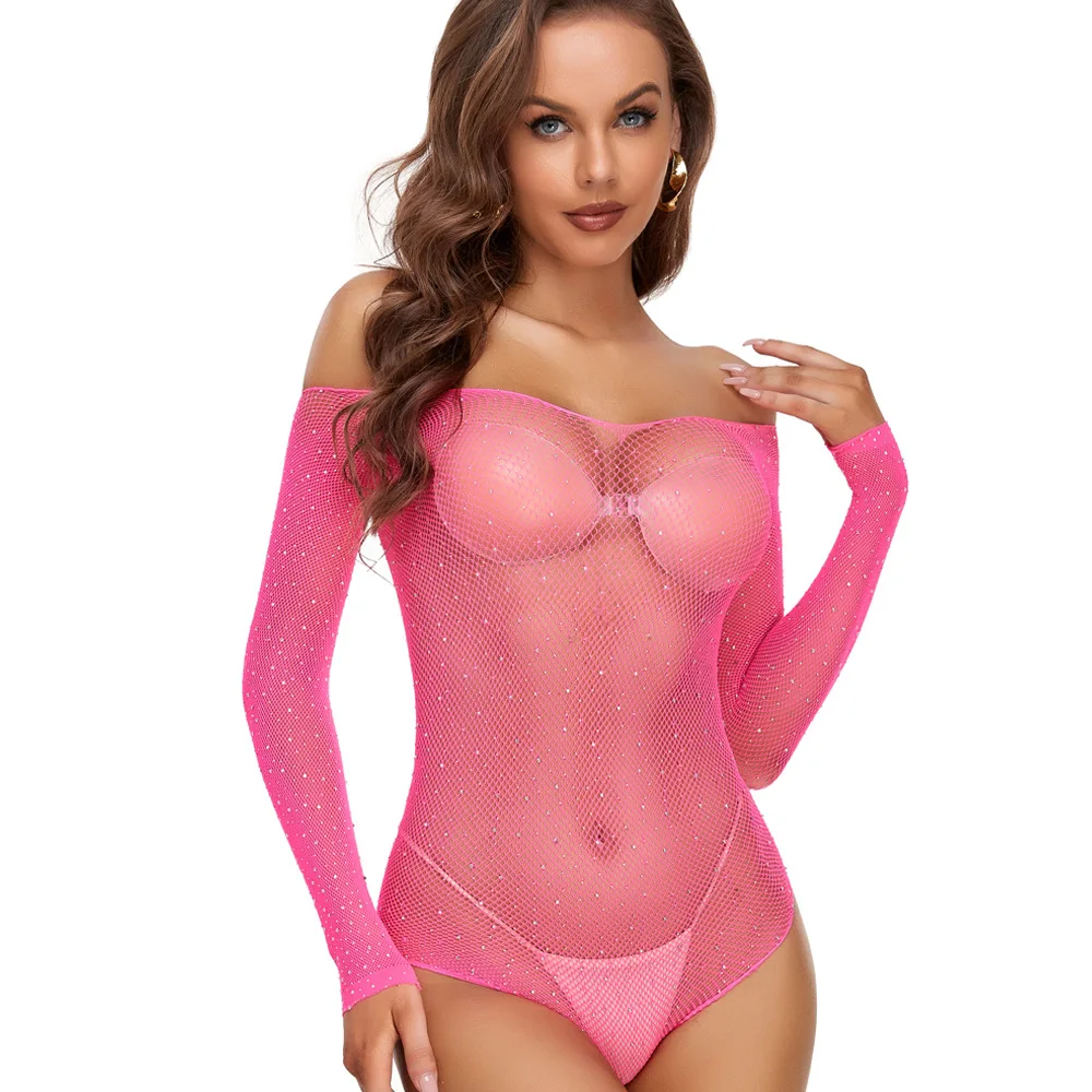 Women Glitter Rhinestone Slash Neck Sexy Bodysuit Lady Fishing Net Mesh Transparent Full Sleeve Backless Slim Club Party Rompers