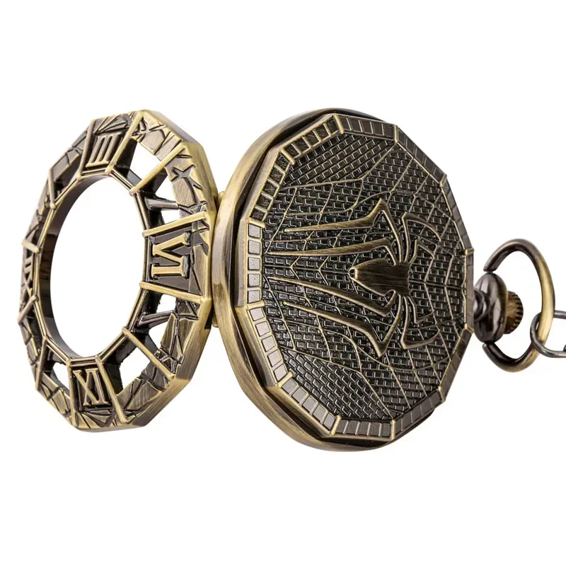 Steampunk Pocket Watch Skeleton Automatic Mechanical Watches Hollow Out Spider Case Roman Number Dial Clock Fob Chain