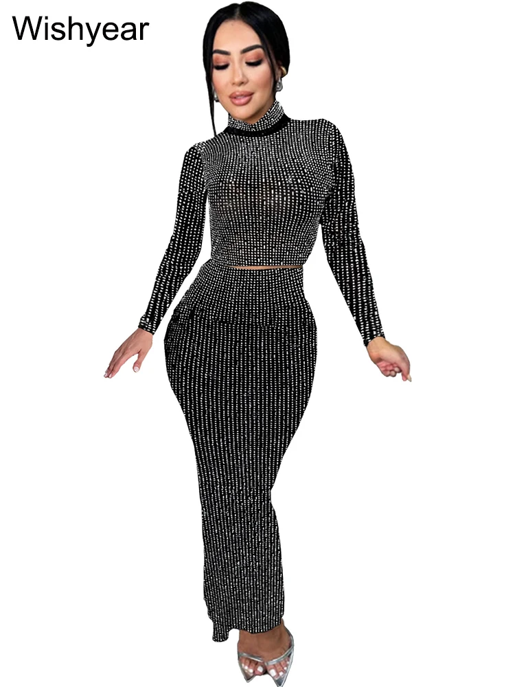 Wishyear Luxury Sparkly Rhinestone 2 Piece Skirt Set Women Long Sleeve Crop Top and Maxi Dress Matching Outfits Chirstmas Party