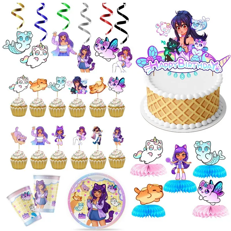 Cartoon Anime Aphmau Birthday Party Decoration Latex Balloon Cake Topper Disposable Tableware For Kids Girl Party Decorations