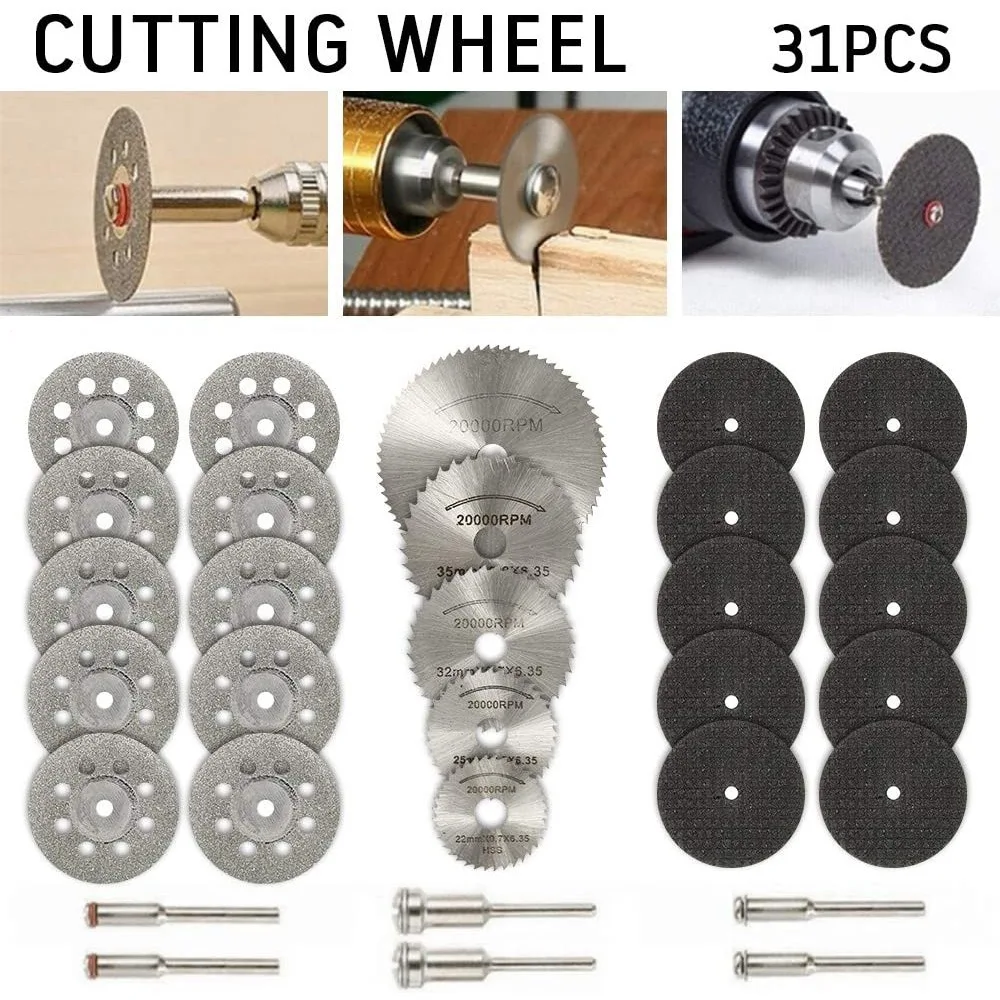 

A76K 31Pcs Cutting Wheel Discs Set,Diamond Cutting Tool Wood/Glass/Stone Cut Off Circular Saw Blades, Resin Cut Off Discs Kit