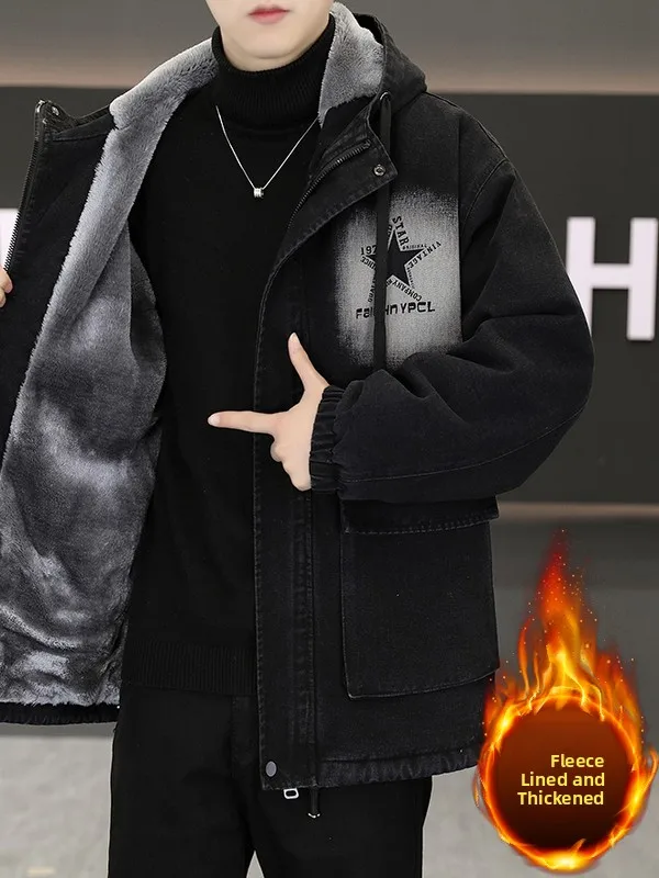 

Подростковая джинсовая куртка на флисовой подкладке, мужская осенне-зимняя модная парка с капюшоном, хлопковое пальто средней длины, верхняя одежда