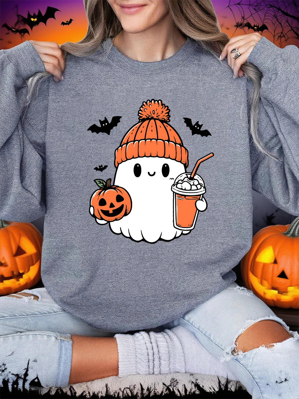 

Милый свитшот с принтом тыквы и призраком летучей мыши на Хэллоуин, женская зимняя флисовая теплая толстовка с круглым вырезом, свободный пуловер, повседневная мягкая одежда