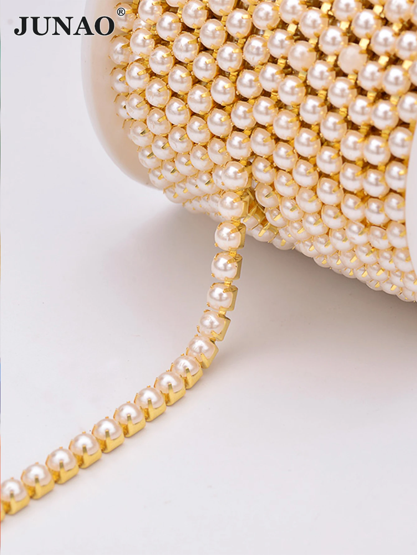 JUNAO 10 Yards SS6 SS12 SS16 Gold Pearl Rhinestone Plastic Beads Claw Chain Gold Silver Metal Strass Applique For DIY Garment