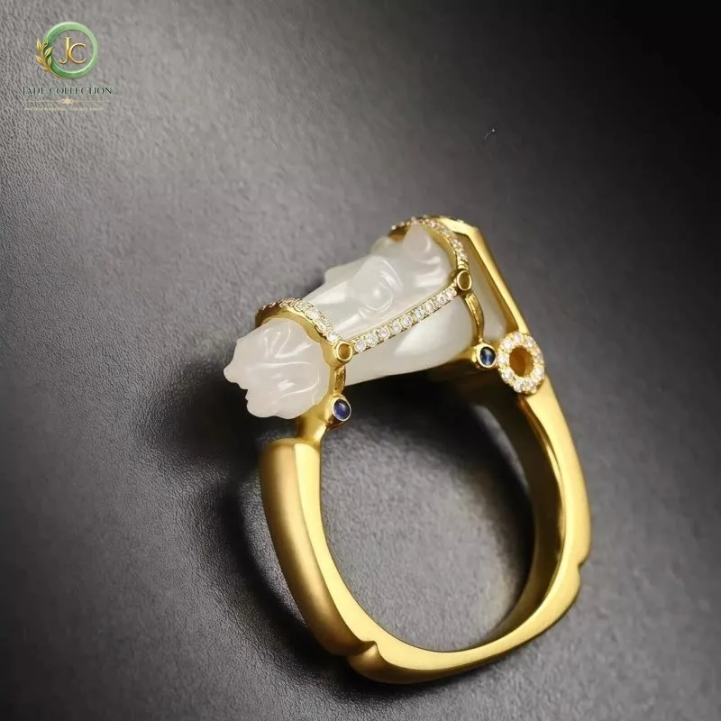 2026 New Hot Sale Hetian Jade Horse Head Ring, "Year of the Horse Soaring" Lucky Benmingnian Saddle Ring, Luxury Elegant Jewelry