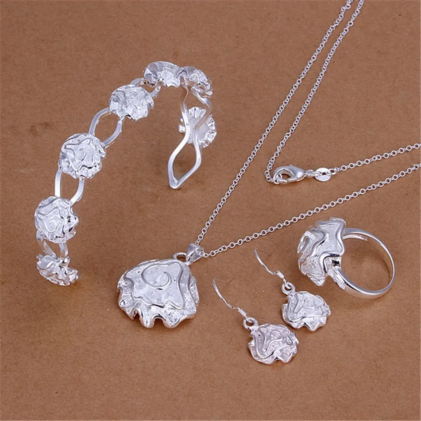 

Hot 925 Sterling Silver rose flower bangle Bracelets rings Pendant necklaces earring Jewelry set for women fashion Party gifts