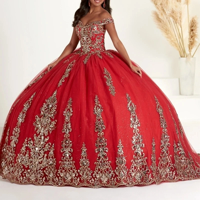 

Красное бальное платье с открытыми плечами, платья для Quinceanera, золотые Цветочные Аппликации, кружевной корсет, платья 15 лет