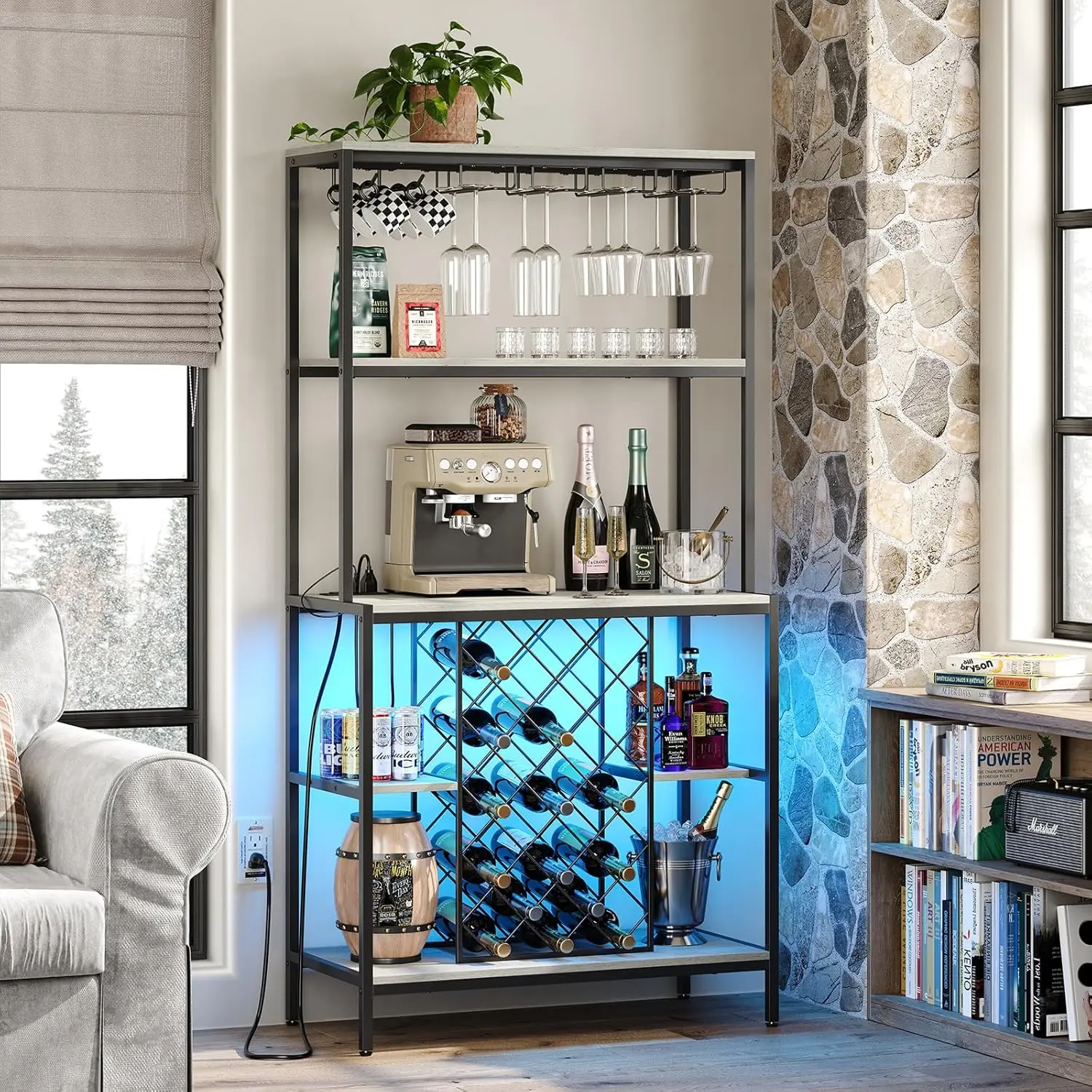 Wine Cabinet with Power Outlets & LED Lights, 5-Tier Industrial Wine Bar Cabinet with Glass Holder, Home Bar Furniture, Wine