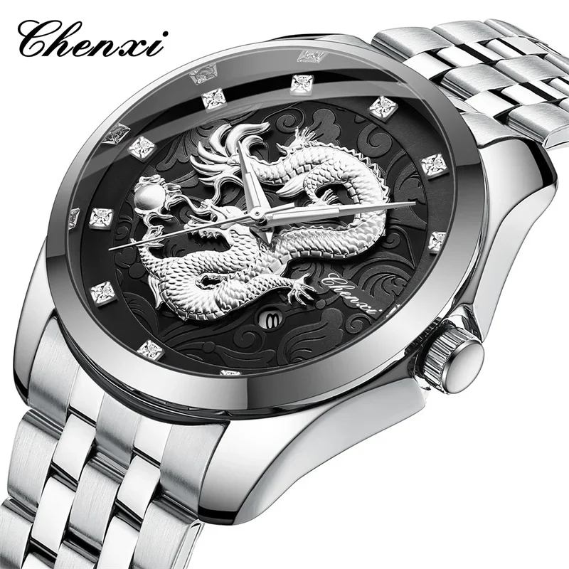 

Chenxi 8220 Mens Dragon Quartz Watch - Luxury Stainless Steel Luminous Waterproof Calendar Wristwatch