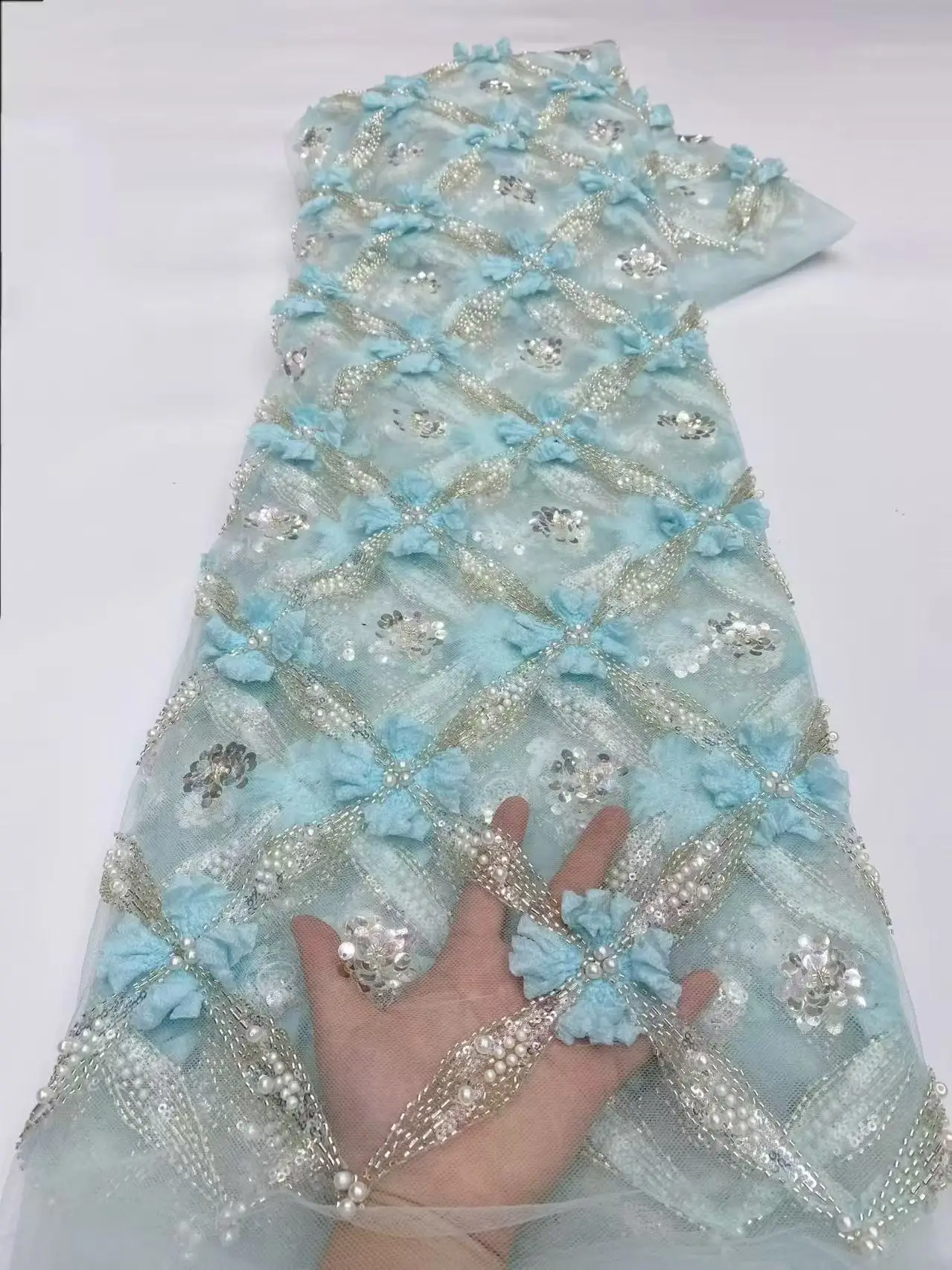 

3D Latest Elegant African Lace Fabric 2026 High Quality French Tulle Lace Nigeria Beaded Sequin Lace Fabric Wedding Sewing Dress