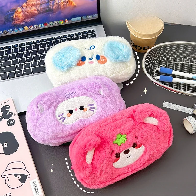 1 Pc Kawaii Cartoon Furry Pencil Case for Student Cute Kitten Bear Stationery Organizer Large Capacity Pen Bag School Supplies