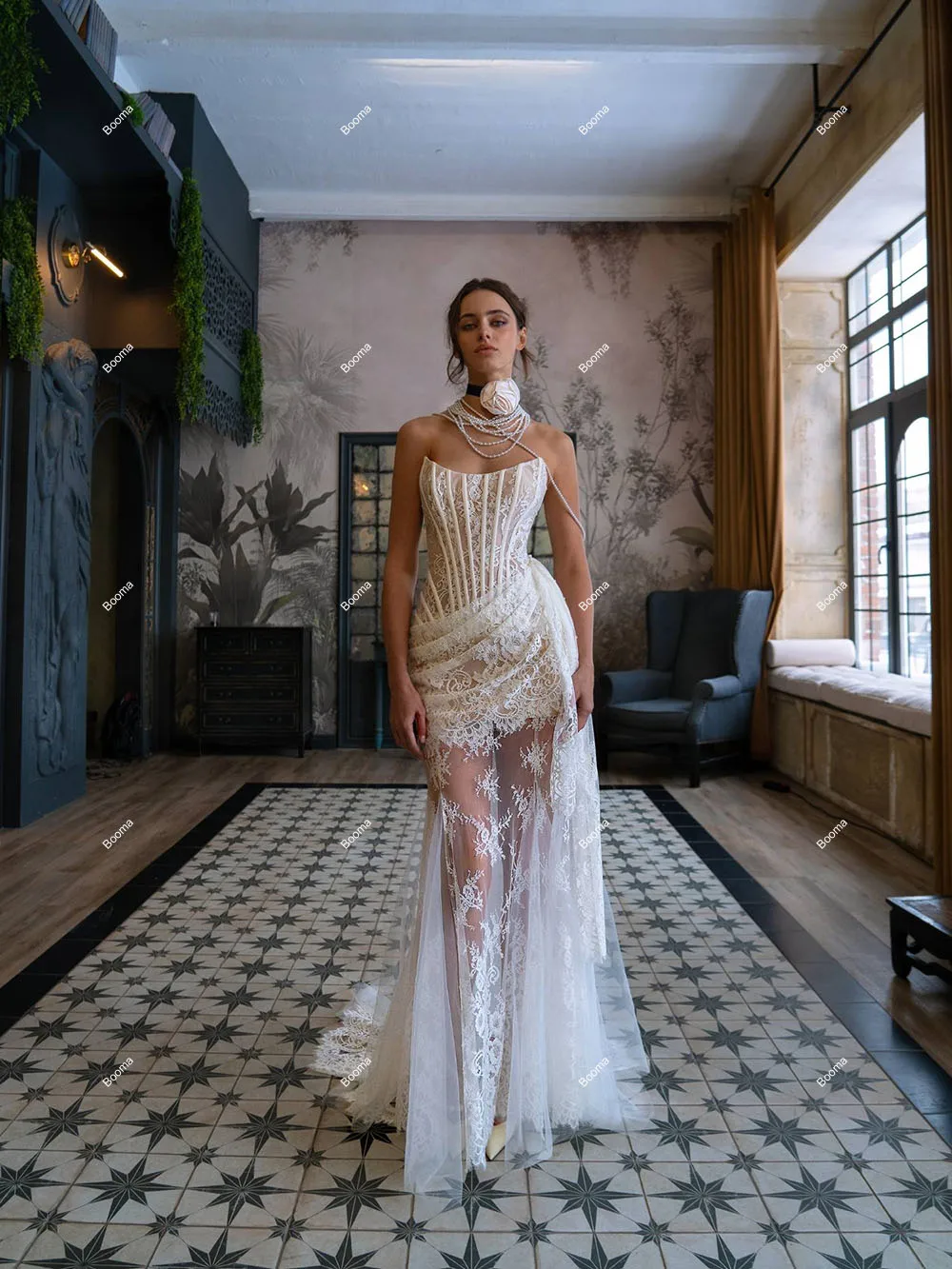 Booma-Robe de Mariée Sirène en Dentelle Sarcelle Sexy Sans Bretelles, Corset Désossé, Plis, ixde la Mariée, Quelle que soit la Transparente, Robe de Bal de Mariée