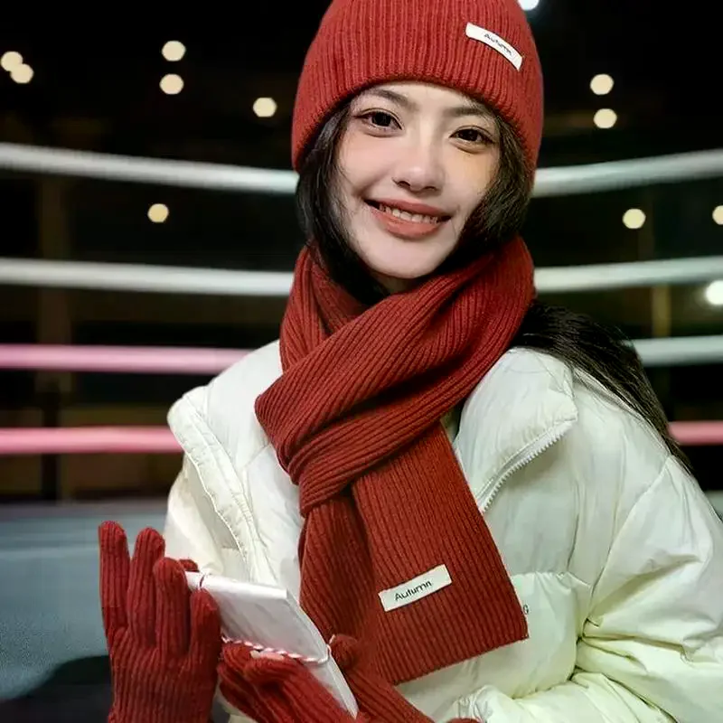 محبوك الشتاء وشاح امرأة بلون قبعة وشاح قفازات المرأة يندبروف الكبار ثلاث قطع مجموعة موضة المرأة وشاح طقم قبعات #2