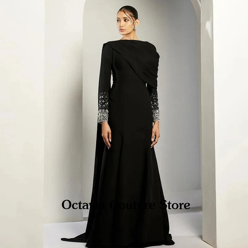 

Saud Arabic Evening Dress with Cape Black Mermaid Party Gown Customized Scoop Long Sleeve Crystal Stone Arabian Prom Dresses