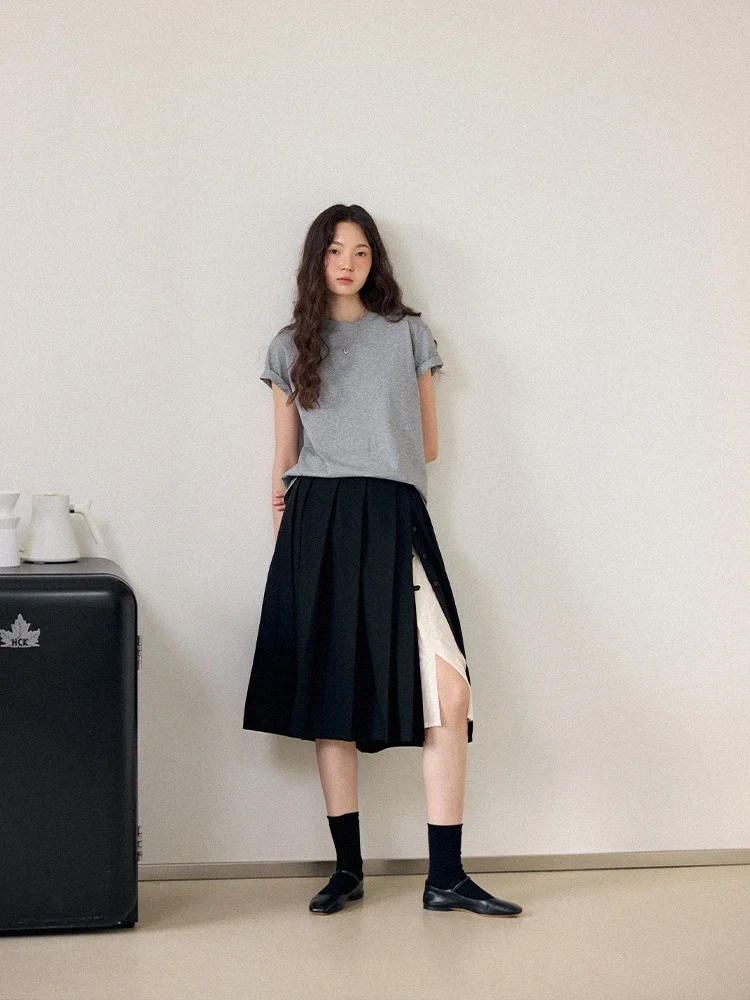 

Bla Pleated Skirt Easy to Manage Wrinkle Resistant Button Side High Waist A-Line Midi Skirt Commute Sle Polyester Blend