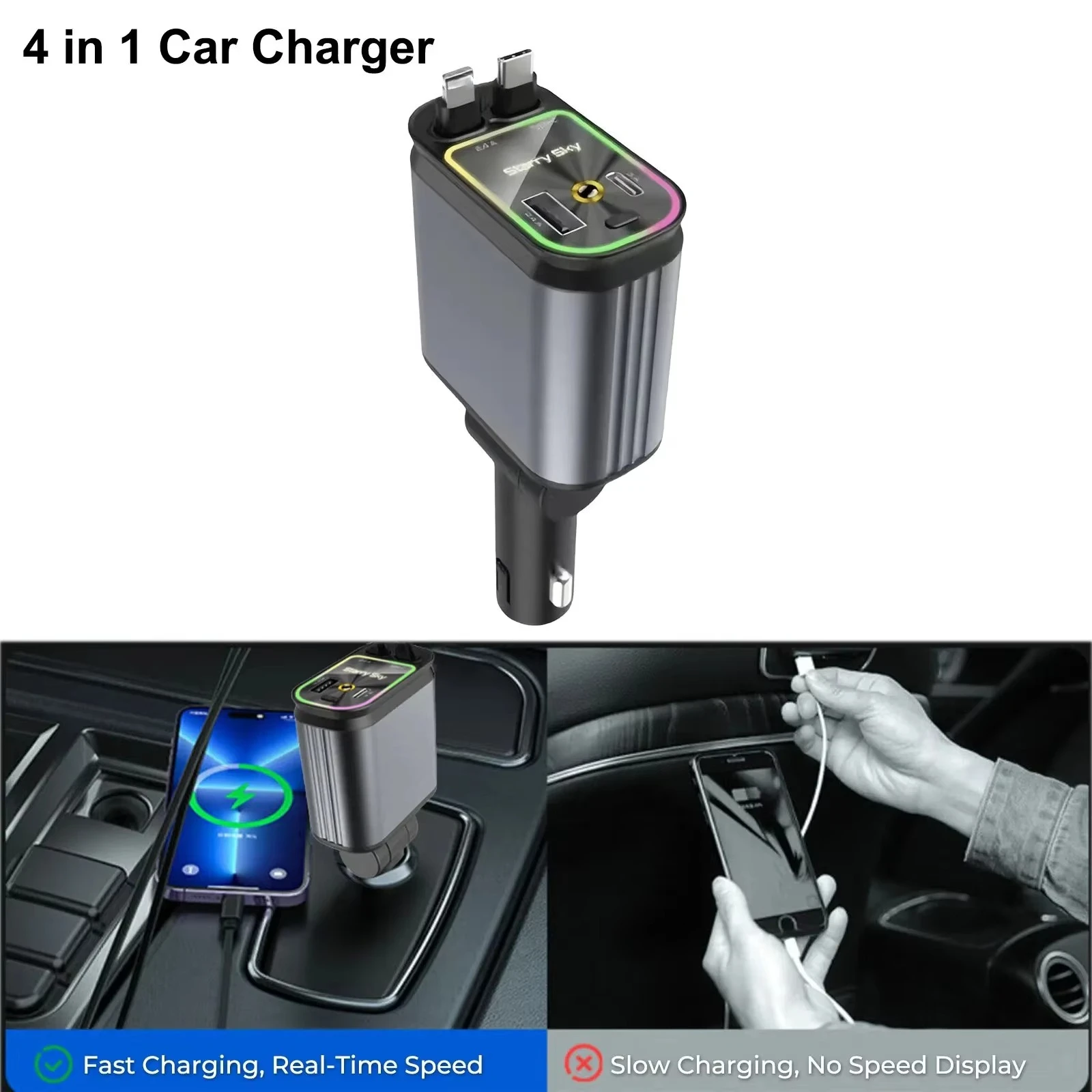For Tesla Model Y 2016-2024 Model 3 Highland Car Phone Charger 4 in 1 with Retractable Cables USB/Type-C For IOS Port