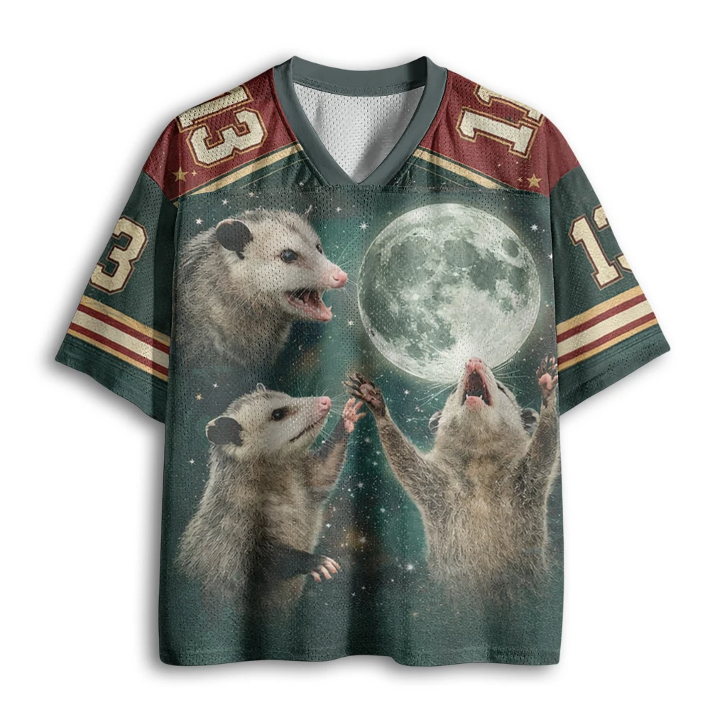 Vintage Opossums Howling At Moon Night Sky Print Green Burgundy Color Block Mesh V Neck Loose Football Jersey T-shirt