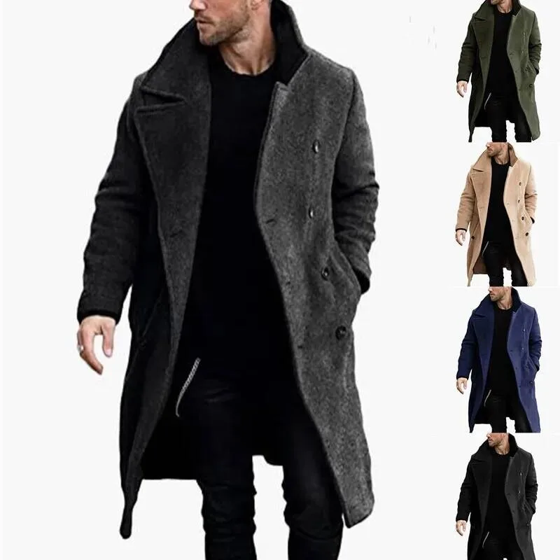 

Autumn Winter Men's Trench Solid Turn Down Collar Long Coats Male Fashion Double Breasted Smart Casual Woolen Windbreaker