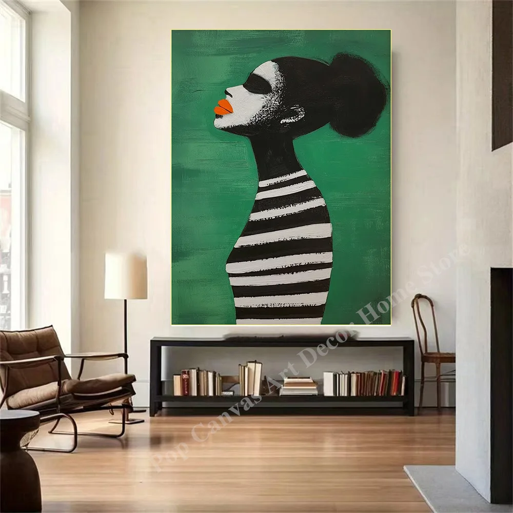 

Hand-Painted Abstract Oil Painting African American Woman Canvas Wall Art, Green Modern Living Room Bedroom Decor
