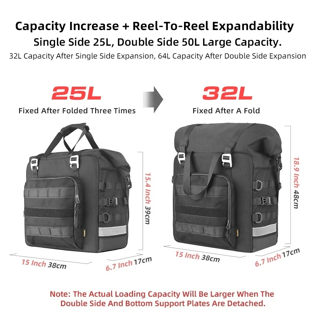 Motorcycle Saddle Bag Waterproof 25L Expandable  32L Pannier Side Bag Quick Release 3D Cube Motorbike Storage Bag 1PC