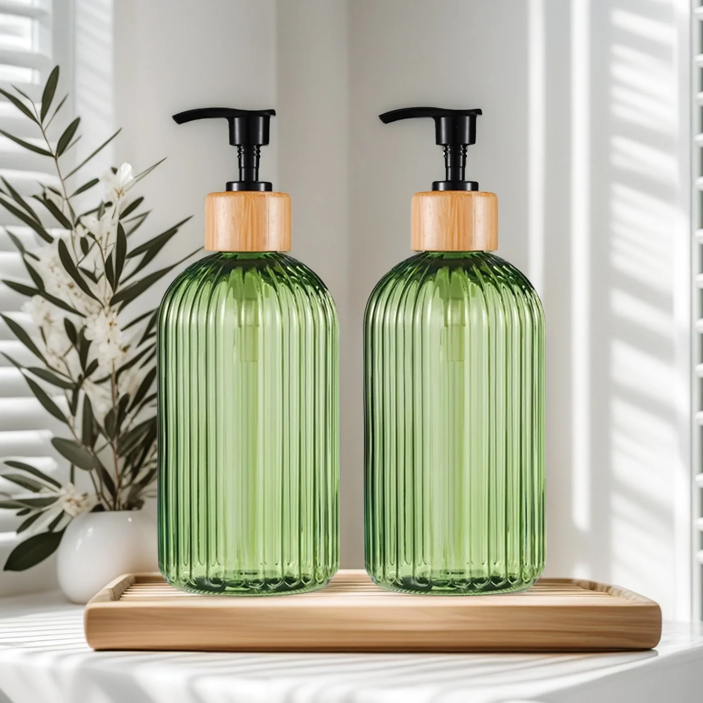 16.9oz Soap Dispenser with Bamboo Pump - Refillable Plastic Bottle, Vertical Stripe Design for Kitchen & Bathroom, High-Quality