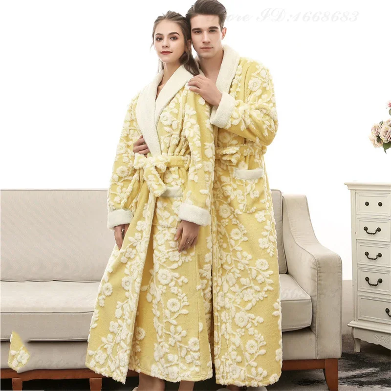 Winter Warm Coral Fleece Long Robe Thick Flannel Jacquard Couple Bathrobe Sleepwear Nightwear Loose Casual Homewear Lounge Wear