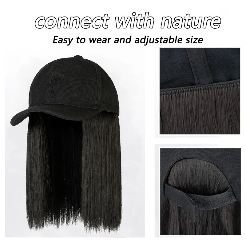 짧은 직모 모자 가발 야구 모자 조절 가능 블랙 브라운 가발, 여성용
