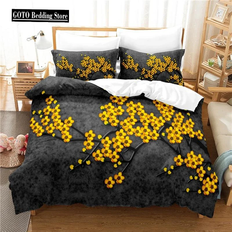 

3D Print Plum Blossom Bedclothes Include Duvet Cover + Pillowcases High Quality Super Soft Comfortable Cotton Bedding Set Queen