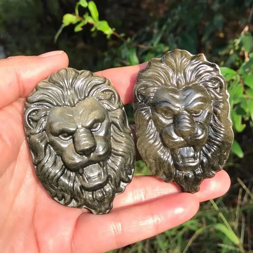 Natural Gold Obsidian Crystal Lion King Statue Polished Quartz Healing Gemstone Home DIY Decoration Carving Artwork