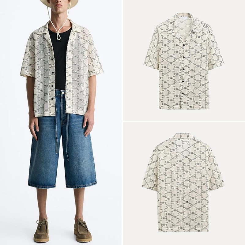 

Faionable Loose ort Sve irt Men's Summer 2025 Z Brand Floral Embroidery Turn-down Collar Casual Wear