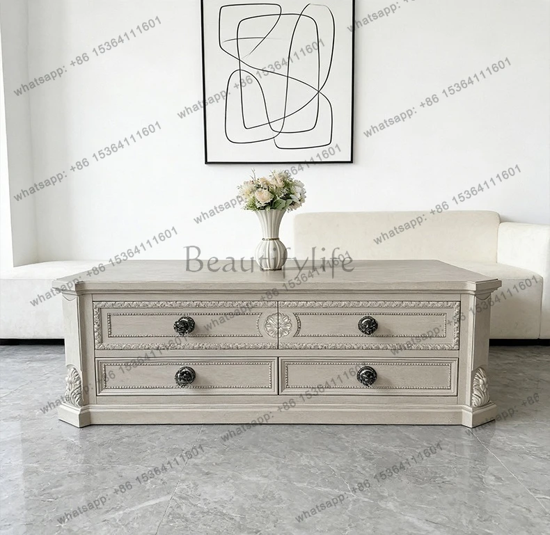 American Renaissance Storage Coffee Table Solid Wood European Vintage Carved Coffee Table