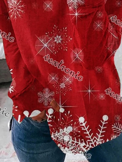 Plus Size Frauen Langarm U-Ausschnitt Weihnachten Blumen bedruckt Top