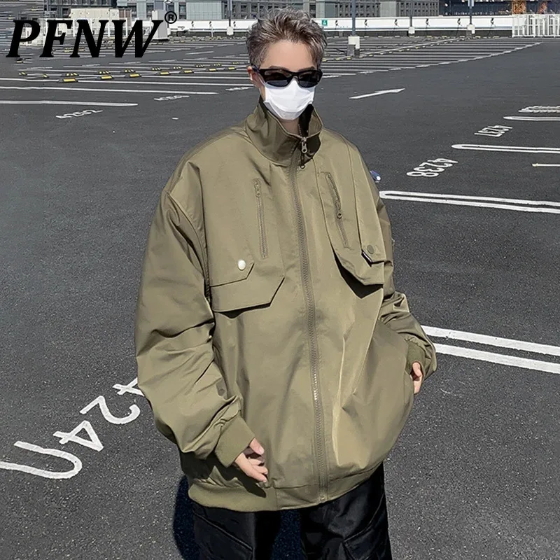 

PFNW American High Street Spliced Design Jacket High Neck Men Korean Solid Color Trendy Versatile Loose Autumn Male Tops 28W4507