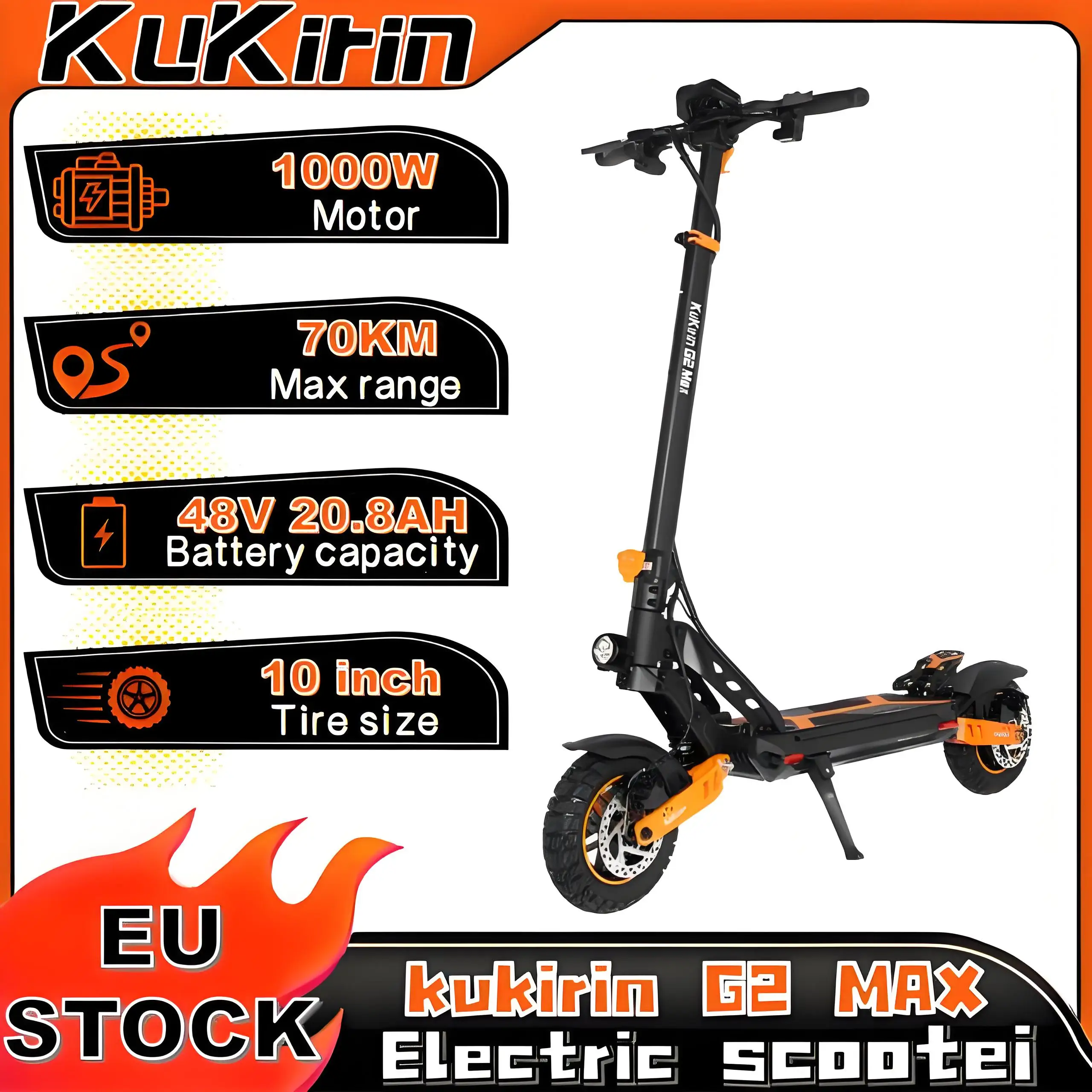 Kukirin G2 MAX scooter électrique pliant 1000W 48V 20.8Ah IP54 protection 10 pouces hors route 55 km/h vitesse 70 km portée