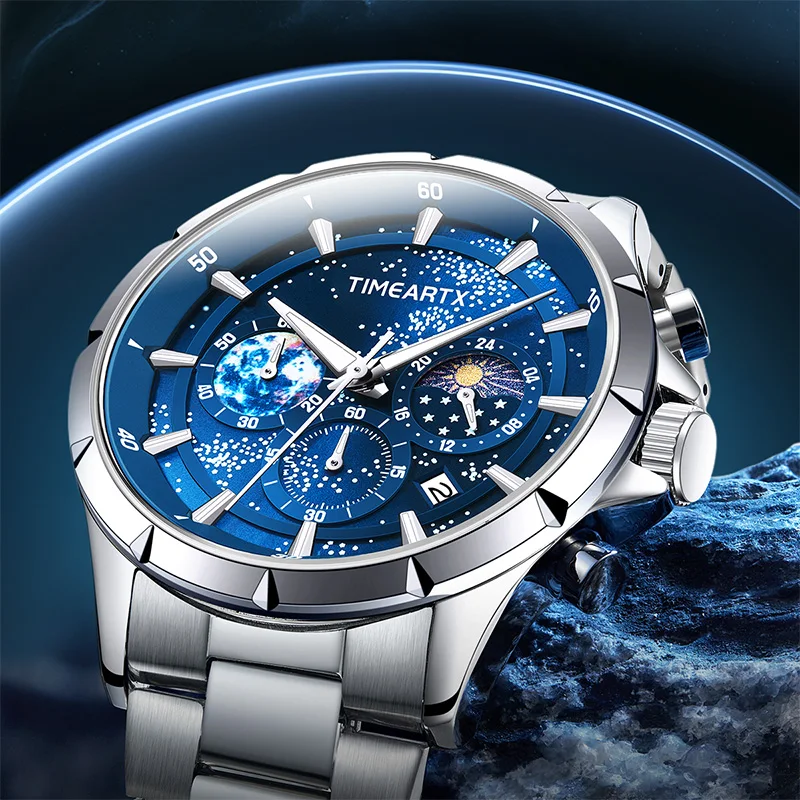 TIMEARTX Men's Quartz Watch New Luxury Starry Sky Moon Phase Luminous Dial Business Fashion Wristwatch