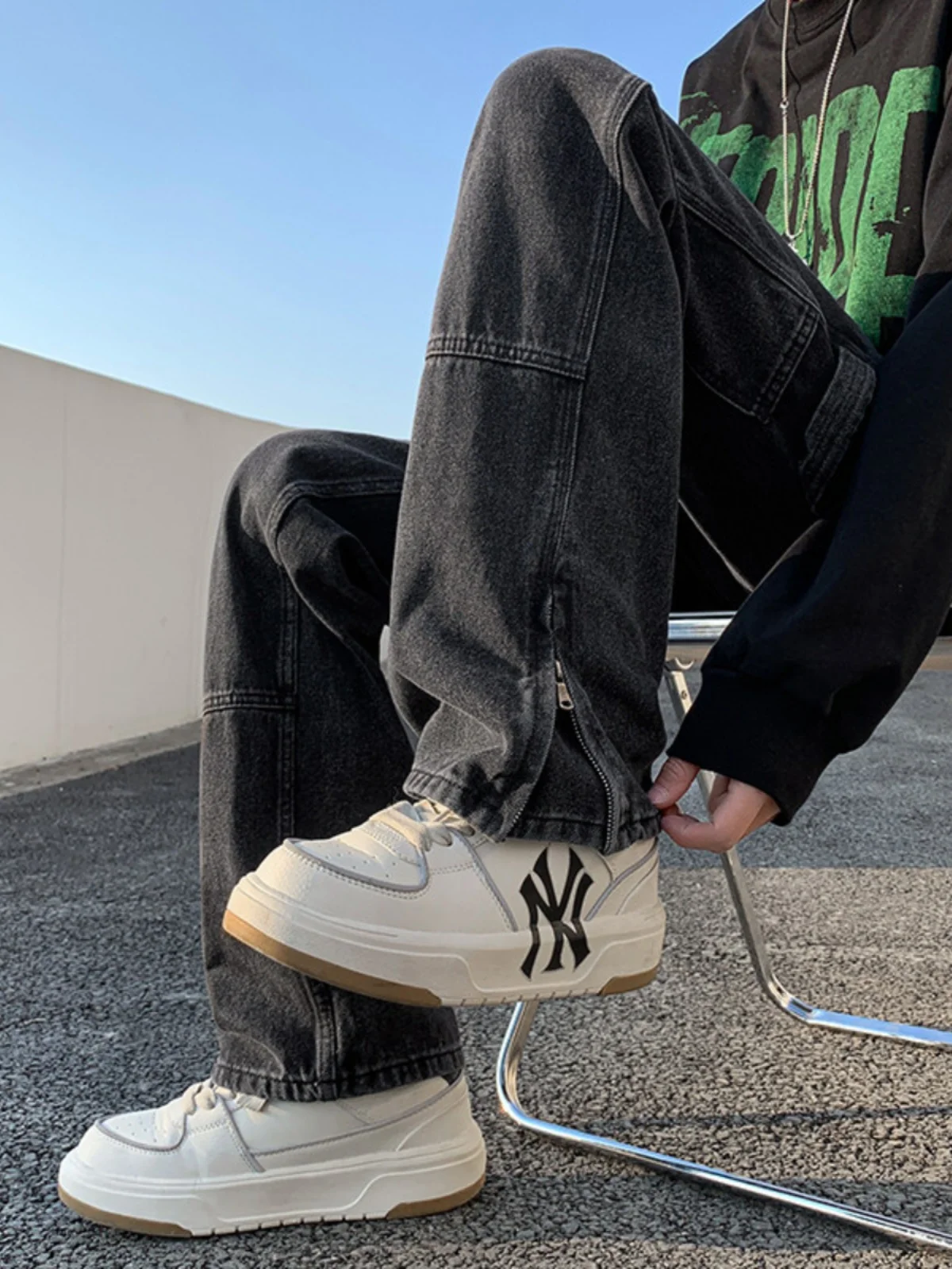 

Waed American Retro Zipper Jeans Men's Casual Straight Leg Trousers Trendy Autumn Wear Youthful Cotton Polyester Blend